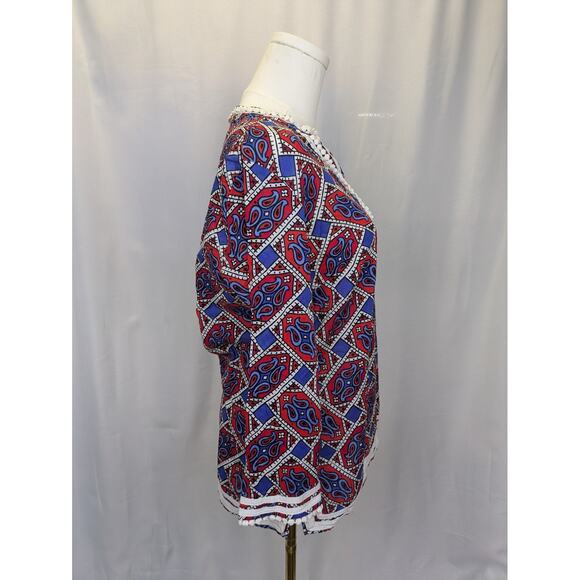 Talbots Paisley Tunic Top Womens Small 3/4 Sleeve Patriotic Red White Blue Shirt - Picture 3 of 11